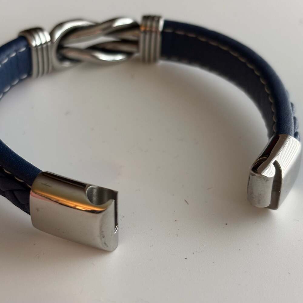 Men's LYNX Stainless Steel & Navy Braided Leather Bracelet - Picture 7 of 8